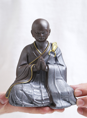 禅意精品紫砂小和尚创意手工陶瓷小沙弥人物中式客厅玄关装饰摆件