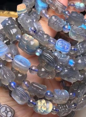 天然拉长石闪光石貔貅手链女 蓝月光闪光水晶雕刻手串星座饰品潮