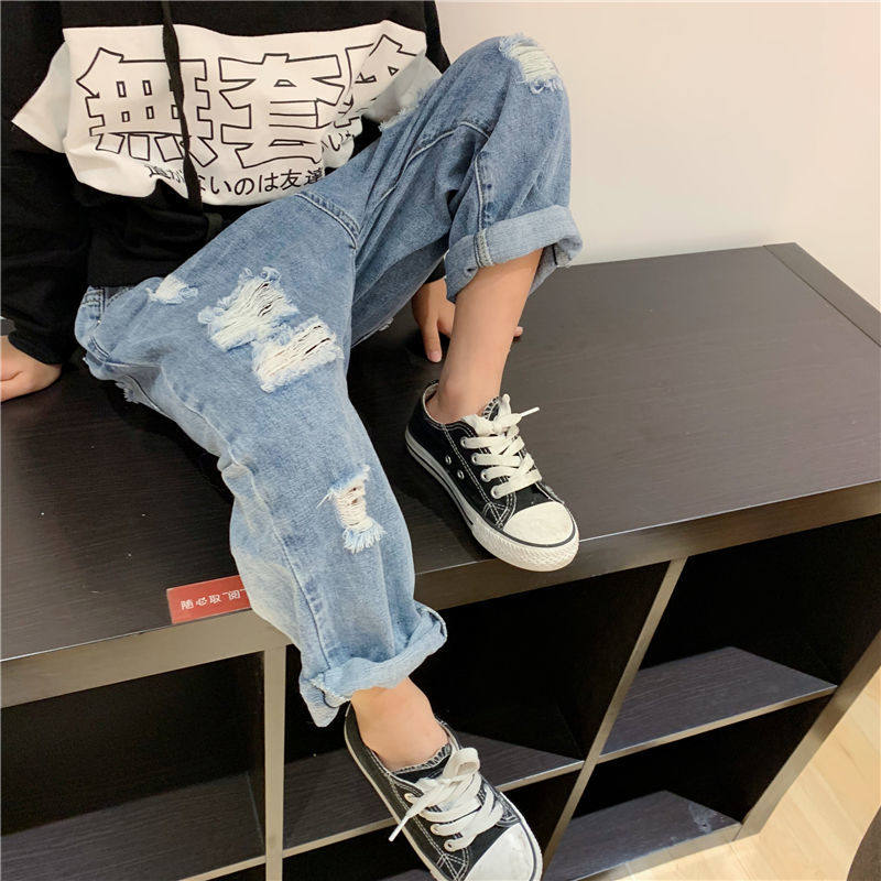 儿童破洞牛仔裤2021新款男童夏装洋气韩版女童裤子宽松哈伦裤时髦,淘宝优惠券,粉丝福利购,淘宝优惠卷
