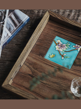 佳女子瓷板画榆木实木托盘新w中式桌面装饰摆件收纳盘茶盘果盘礼