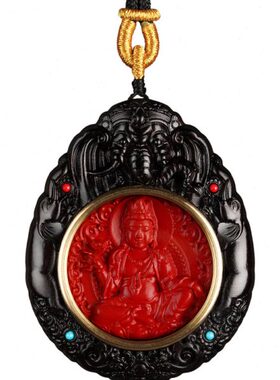 黑檀镶嵌朱砂本命年象神吊坠十二生肖守护神佛牌汽车木雕普贤挂件