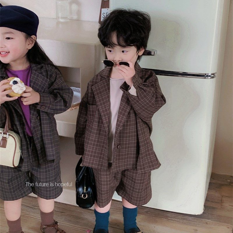 暮晨家新款春装2023男童棉麻格子西装女宝宝森系复古短裤两件套装,淘宝优惠券,粉丝福利购,淘宝优惠卷