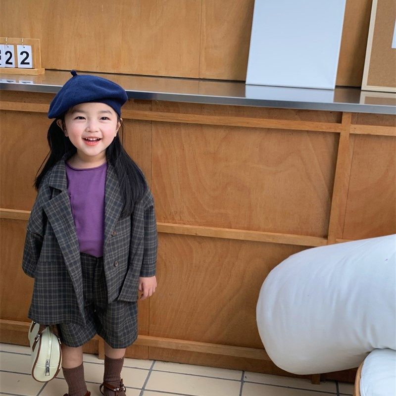 暮晨家新款春装2023男童棉麻格子西装女宝宝森系复古短裤两件套装,淘宝优惠券,粉丝福利购,淘宝优惠卷