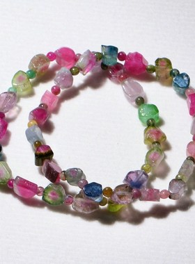 天然双色溏心冰透西瓜碧玺随形单圈手链串饰品礼物送女友一物一图