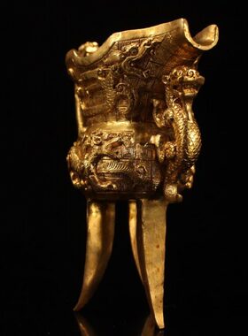 古玩收藏珍藏品纯铜鎏金唐代三脚龙酒杯一个双龙酒樽