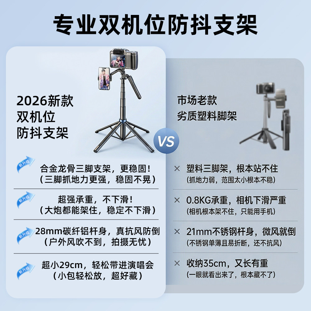 演唱会相机支架手机自拍杆2026新款通用双机位落地三脚架旅游便捷