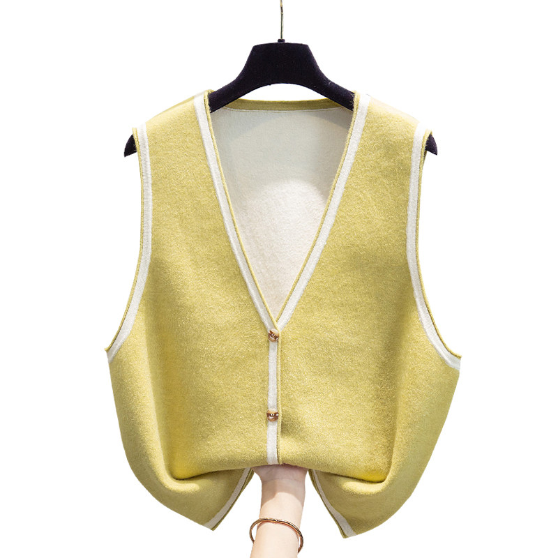 拼色v领针织开衫马甲背心女2022秋装新款宽松马夹外穿毛衣坎肩潮 - 图3