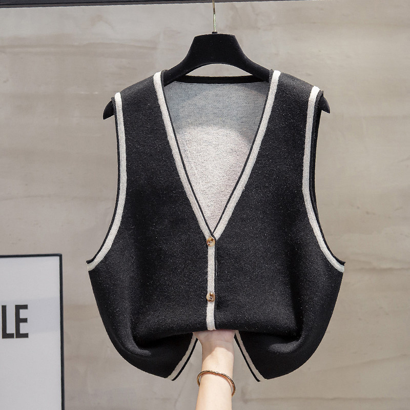 拼色v领针织开衫马甲背心女2022秋装新款宽松马夹外穿毛衣坎肩潮 - 图0
