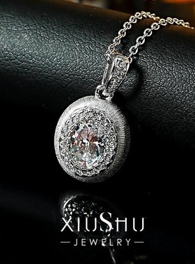 中古风金属拉丝女款925银吊坠锁骨链2克拉镶嵌简约大气纯银轻奢女