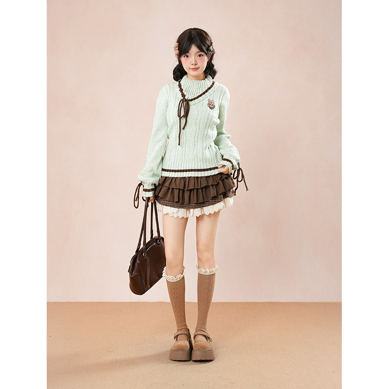 薄巧奶昔 萌妹蝴蝶结针织毛衣百褶短裙两件套秋冬可爱甜美套装,淘宝优惠券,粉丝福利购,淘宝优惠卷