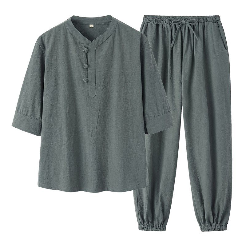 中国风五分袖棉麻套装男短袖t恤V领半袖中式复古唐装宽松束脚裤,淘宝优惠券,粉丝福利购,淘宝优惠卷