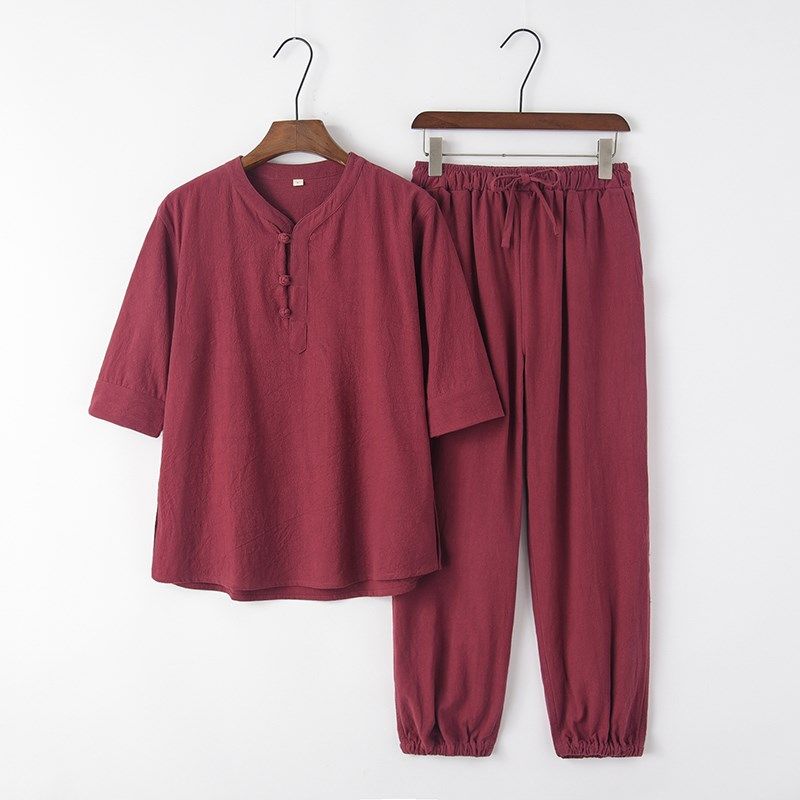 中国风五分袖棉麻套装男短袖t恤V领半袖中式复古唐装宽松束脚裤,淘宝优惠券,粉丝福利购,淘宝优惠卷