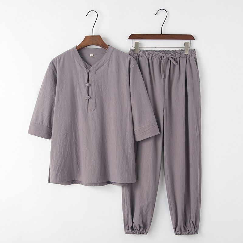 中国风五分袖棉麻套装男短袖t恤V领半袖中式复古唐装宽松束脚裤,淘宝优惠券,粉丝福利购,淘宝优惠卷