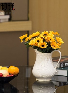 中式陶瓷花瓶 白色浮雕陶瓷水壶摆件 客厅装饰品餐桌摆件工艺品