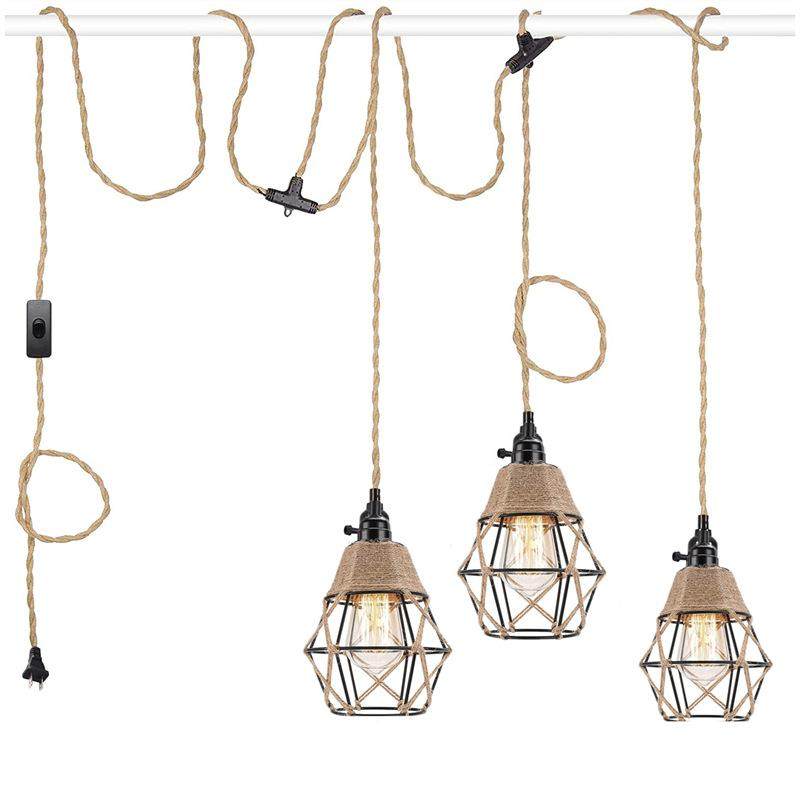 亚马逊美式复古工插入式吊业悬灯MD202302挂灯麻绳三头厨岛房卧室,淘宝优惠券,粉丝福利购,淘宝优惠卷