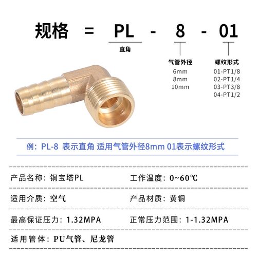 气动元件铜接头 外丝宝塔螺纹弯头软管快速接头PL6-01/8-02 - 图1