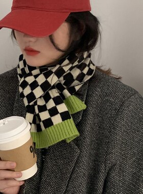 小众棋盘格子针织毛线围巾女秋冬季黑白格纹韩版百搭学生春秋围脖
