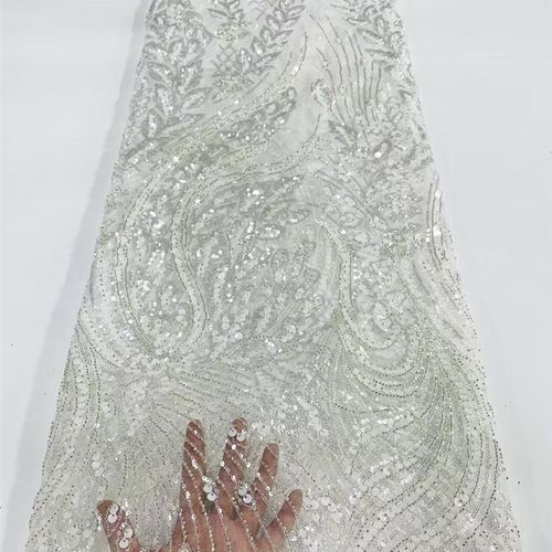 外贸亮片珠管密度款蕾丝布料满福重工蕾丝连衣裙旗袍婚纱服装面料 - 图3