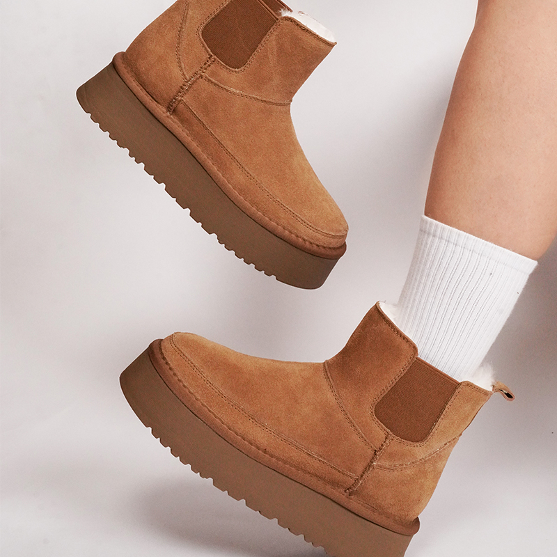 冬季新款雪地靴女厚底加绒防滑防水切尔西短筒棉鞋羊皮毛一体桑坡 - 图1