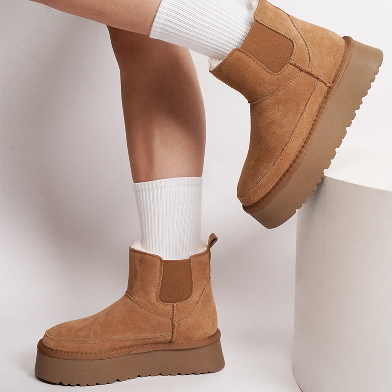 冬季新款雪地靴女厚底加绒防滑防水切尔西短筒棉鞋羊皮毛一体桑坡 - 图2