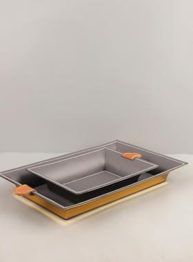 现代约几何方形金属酒1475皮革简装饰托盘客厅卧室玄关店茶饰几家