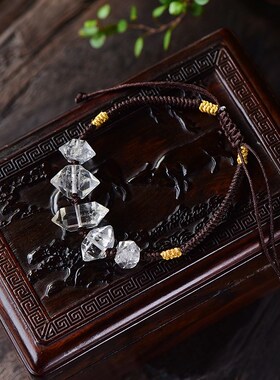 天然水晶闪灵钻编绳手链双尖原石水晶手串白赫尔基蒙男女饰品送礼