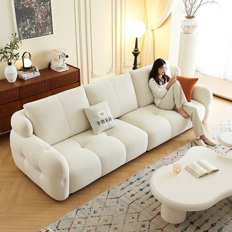 冬熊 奶油风泡芙猫抓布沙发法式客厅直排现代简约棉花糖布艺沙发 - 图0