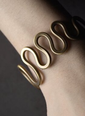 曲尾花原创手工黄铜手镯男个性简约情侣朋克复古开口手环首饰潮女