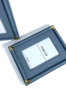 现代轻奢编织皮质相框摆件样板间卧室床头柜办公桌样板间衣帽间饰