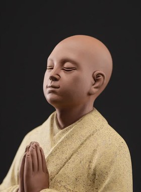 紫砂陶小茶道摆件 客厅茶室中式小沙弥公仔鱼缸摆U设饰品装饰摆件