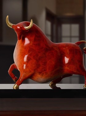 纯铜牛摆件红福牛l气冲天大理石客厅玄关办公室招财装饰品鸿运礼