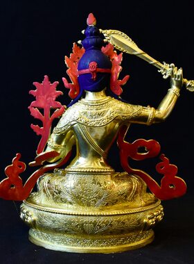 文殊菩萨台湾精品纯铜雕花鎏金密宗摆件7寸 文殊师利铜像
