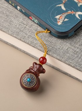 紫檀木钱袋檀香木六字真言转转手机链可K转动木质工艺品手机挂件