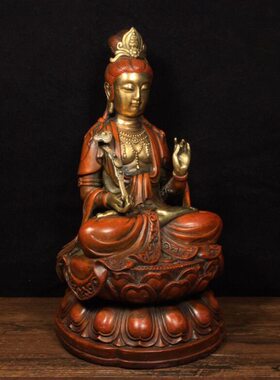 古玩收藏纯铜鎏金坐莲如意南海观世音菩萨铜像家居装饰工艺品摆件