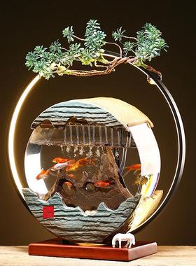 创意中式流水喷泉禅意灯圈摆件办公室玄关桌面小型鱼缸招财景观