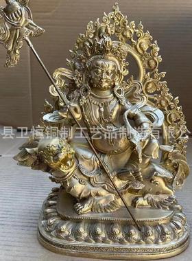 21高纯铜财宝天王骑狮藏传佛像贴金黄财神毗沙门多闻天王密宗佛像