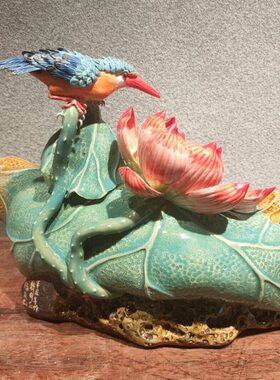荷花翠鸟和和美美手工摆件石湾陶瓷公仔中式客厅玄关装饰品桌面