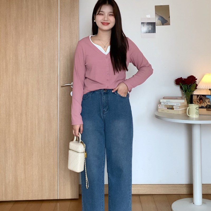 微胖的喵喵 大码mm秋季显瘦宽松遮胯休闲百搭通勤牛仔裤子女 0438 - 图3