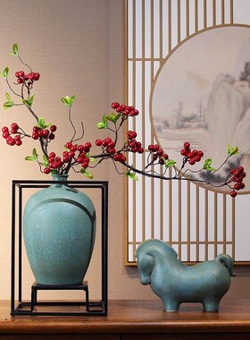 复古陶瓷插花花瓶客厅电视柜民宿玄关居家轻奢铁艺装饰新中式摆件