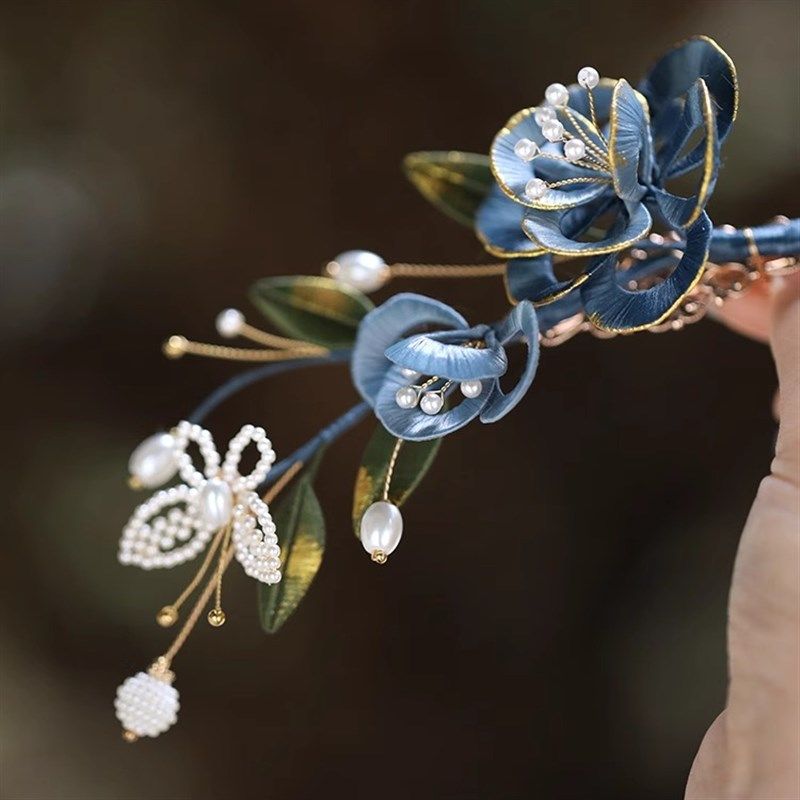 手工缠花新中式国风发夹古风汉服侧边头饰古典舞发饰蓝色旗袍配饰,淘宝优惠券,粉丝福利购,淘宝优惠卷