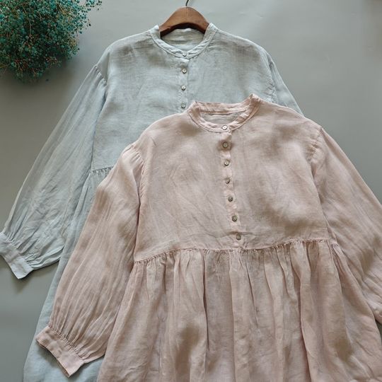 日系小清新文艺风轻薄苎麻长袖衬衫式中长款连衣裙休闲百搭衬衫裙