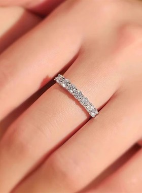 莫桑石七排钻戒指纯银女时尚个性叠戴百搭碎钻尾戒小指情侣款对戒