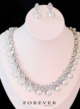 韩式气质方钻锆石珍珠双层项链耳环套装百搭婚纱礼服晚宴首饰耳夹