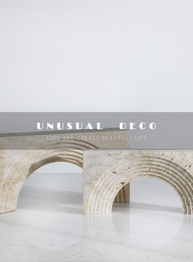 现代极简侘寂黄h洞石几何层叠拱门摆件客厅书柜样板房售楼处饰品