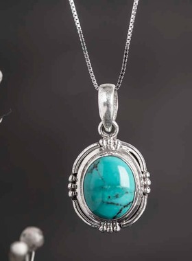 印度尼泊尔手工925银饰品绿松石吊坠H 女男款项坠创意复古民族风