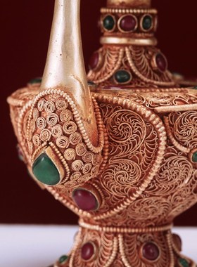 尼泊尔手工文巴壶净水壶纯铜手工藏式贲巴净水瓶S壶宝石镶嵌大小