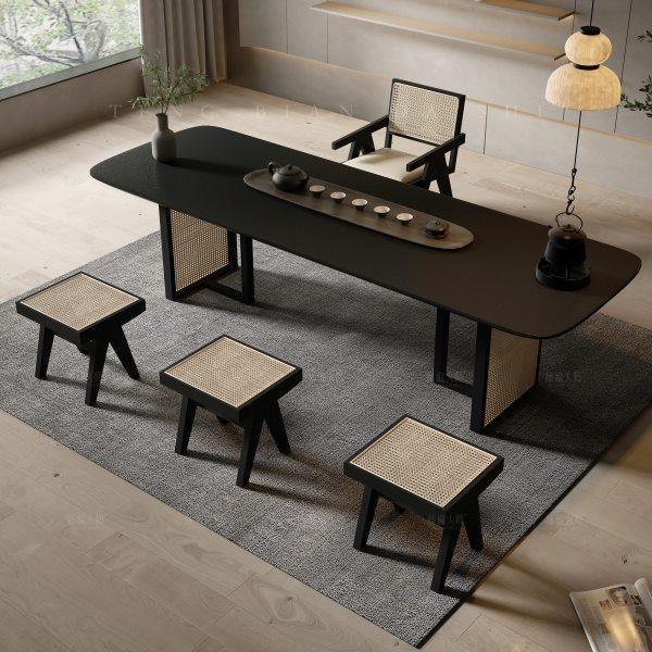 侘寂风藤编实木泡茶桌简约功夫茶大板茶台办公室新中式茶桌椅组合,淘宝优惠券,粉丝福利购,淘宝优惠卷