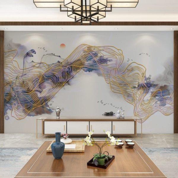 8D新中式抽象金色山水电视背景墙客厅装饰壁画现代简约影视墙布,淘宝优惠券,粉丝福利购,淘宝优惠卷