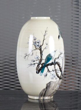 新中式创意手工彩绘山雀鸟陶瓷花瓶摆件样板房间家居餐桌花器摆设