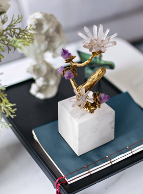 新中式软装黄铜桃花水晶摆w件客厅酒柜售楼处玄关装饰品乔迁礼品